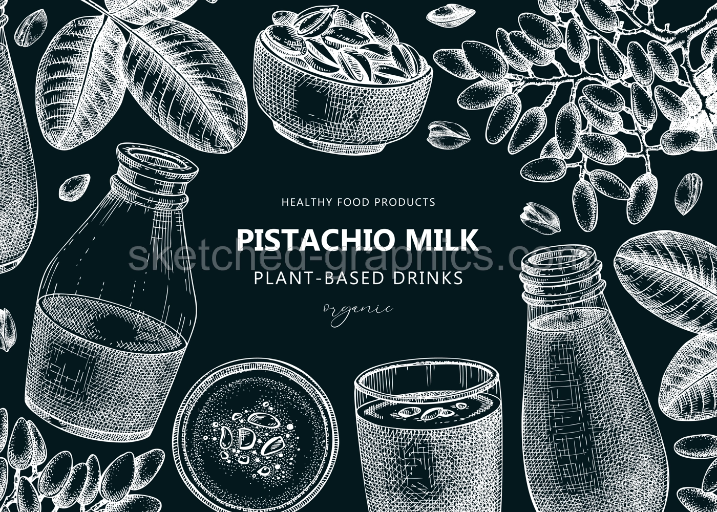 Vegetarian food background. Pistachio milk. Dairy products banner design. Print template with plant milk in glass, bottle, pistachio sketches. Healthy drink, nut milk vector illustration on chalkboard Illustration